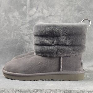 UGG Classic Mini Fluff Quilted Charcoal Fur Boots Big Girls Size 1